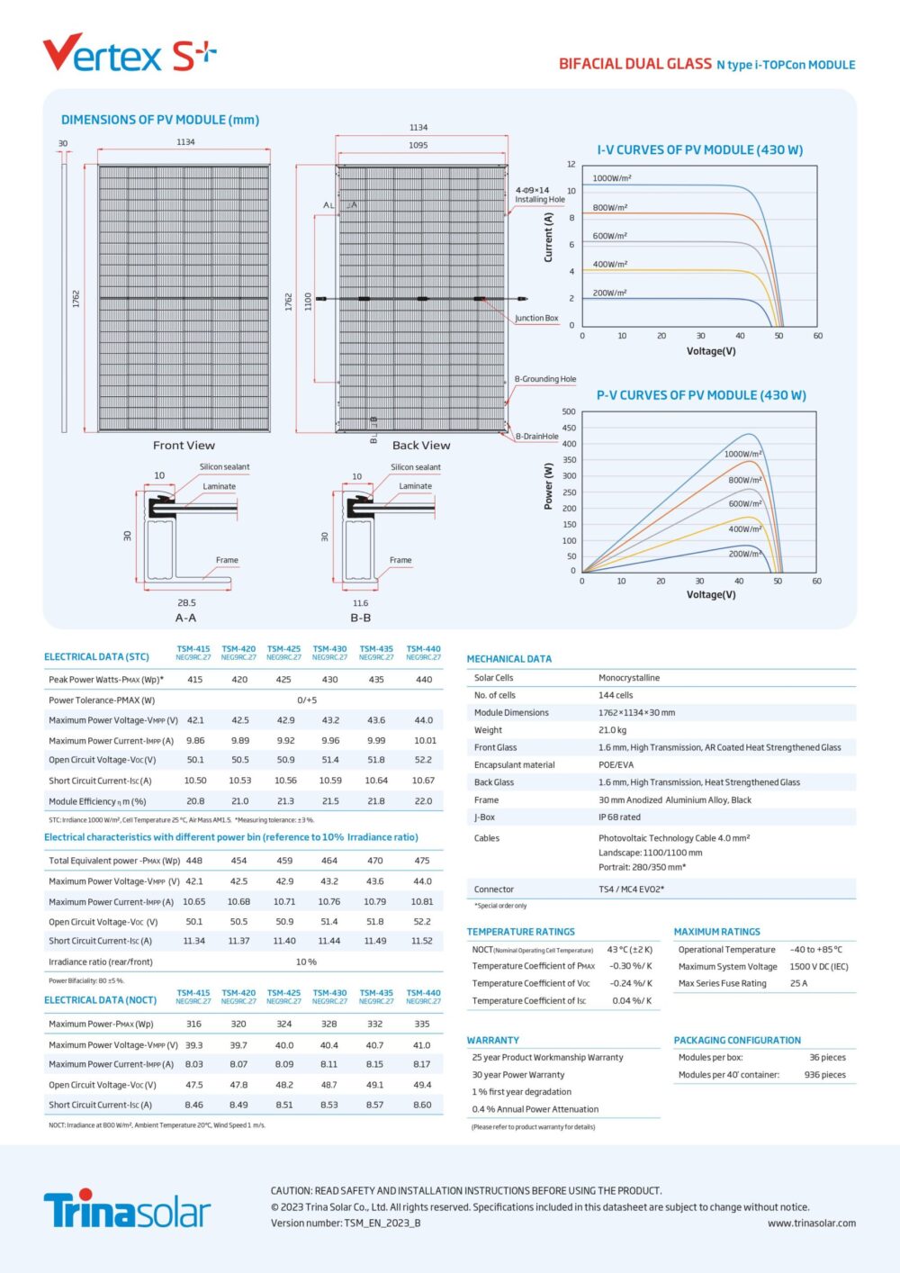 Trina Solar Vertex S+ N-Type 435 W Caurspīdīgs divpusējais (1134x1762x30mm) - Image 4